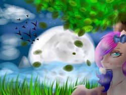 Size: 2048x1536 | Tagged: safe, artist:yomi brasi, oc, oc only, moon, solo, tree