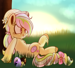 Size: 1400x1280 | Tagged: safe, artist:starchasesketches, oc, oc only, oc:easter paint, bow, cute, easter, easter egg, grass, hat, on side, solo, sunset