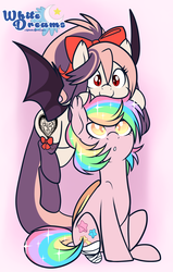 Size: 2000x3149 | Tagged: safe, artist:xwhitedreamsx, oc, oc only, oc:paper stars, oc:sweet velvet, bat pony, pony, amputee, bow, clothes, colored pupils, cute, duo, female, gift art, hair bow, high res, looking up, mare, ocbetes, paperbetes, stockings, thigh highs