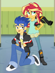 Size: 3304x4360 | Tagged: safe, artist:3d4d, artist:cencerberon, artist:favoriteartman, artist:jucamovi1992, flash sentry, sunset shimmer, equestria girls, g4, boots, clothes, female, hand on hip, high heel boots, high res, jacket, leather jacket, lockers, male, pants, ship:flashimmer, shipping, shoes, show accurate, sneakers, straight