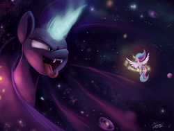 Size: 1759x1327 | Tagged: safe, artist:insanerobocat, nightmare moon, princess celestia, alicorn, pony, g4, duo, elements of harmony, ethereal mane, fangs, female, fight, galaxy, galaxy mane, giant pony, glowing horn, horn, macro, magic, mare, open mouth, pony bigger than a galaxy, signature, sisters, size difference, smiling, spread wings, stars, tongue out, uvula, wings