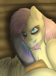 Size: 1000x1354 | Tagged: safe, artist:yomi brasi, fluttershy, .mov, g4, chainsaw, fluttershed, solo