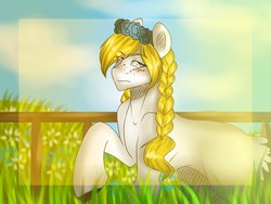 Size: 1024x768 | Tagged: safe, artist:yomi brasi, oc, oc only, flower, flower in hair, grass, solo