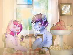 Size: 1024x768 | Tagged: safe, artist:yomi brasi, oc, oc only, oc:yomi brasi, apple, cake, cookie, father and daughter, food, window