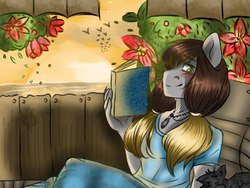 Size: 2048x1536 | Tagged: safe, artist:yomi brasi, oc, oc only, anthro, book, flower, solo