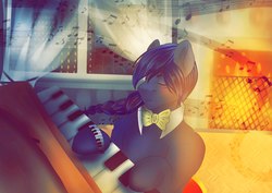 Size: 2035x1440 | Tagged: safe, artist:yomi brasi, oc, oc only, semi-anthro, music notes, musical instrument, piano, solo