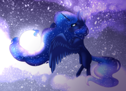 Size: 2448x1772 | Tagged: safe, artist:immagoddampony, princess luna, alicorn, pony, g4, female, flying, galaxy mane, moon, pony bigger than a planet, prehensile mane, solo, tangible heavenly object