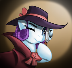 Size: 1019x963 | Tagged: safe, artist:hebini, rarity, pony, g4, rarity investigates, clothes, detective, detective rarity, digital art, female, hoof hold, magnifying glass, one eye closed, solo
