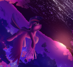 Size: 1840x1687 | Tagged: dead source, safe, artist:php69, twilight sparkle, alicorn, pony, g4, cloud, female, flying, night, ocean, solo, sunset, twilight (astronomy), twilight sparkle (alicorn), upside down