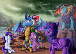 Size: 1200x857 | Tagged: safe, artist:vittorionobile, dragon lord torch, garble, princess ember, rarity, spike, twilight sparkle, alicorn, dragon, pony, unicorn, g4, gauntlet of fire, armor, bloodstone scepter, butt, crying, dragon lord ember, open mouth, plot, sitting, tears of joy, twibutt, twilight sparkle (alicorn)