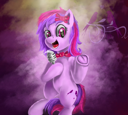 Size: 3000x2700 | Tagged: safe, artist:vittorionobile, oc, oc only, oc:silent song, earth pony, pony, bowtie, commission, female, frog (hoof), high res, looking at you, mare, open mouth, singing, solo, underhoof, uvula