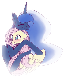 Size: 665x795 | Tagged: safe, artist:not-an-ornitologist, fluttershy, princess luna, alicorn, pegasus, pony, g4, blushing, duo, floppy ears, friendshipping, hug, simple background, wide eyes