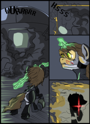 Size: 2400x3300 | Tagged: safe, artist:aaronmk, oc, oc:littlepip, pony, comic:it has to be this way, fallout equestria, blood, comic, crossover, cut, female, high res, mare, metal gear, metal gear rising, raiden, smoke, sword, weapon