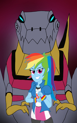 Size: 2000x3183 | Tagged: safe, artist:edcom02, rainbow dash, robot, equestria girls, g4, clothes, compression shorts, crossed arms, crossover, grimlock, high res, transformers, transformers animated