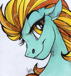 Size: 1525x1634 | Tagged: safe, artist:casynuf, lightning dust, pegasus, pony, g4, bust, female, lidded eyes, looking at you, portrait, smiling, solo, traditional art
