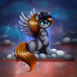 Size: 2000x2000 | Tagged: safe, artist:confetticakez, oc, oc only, pegasus, pony, cloud, commission, hat, high res, lightning, raised hoof, sitting, smiling, solo, tongue out