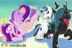 Size: 3000x2000 | Tagged: safe, artist:soranotamashii, princess cadance, queen chrysalis, shining armor, alicorn, changeling, pony, g4, blushing, eyes closed, feather, fetish, high res, hoof fetish, hoof tickling, horn, horn ring, tickle fetish, tickle torture, tickling, tongue out