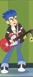 Size: 206x480 | Tagged: safe, screencap, flash sentry, equestria girls, g4, my little pony equestria girls: rainbow rocks, angry, clothes, electric guitar, guitar, jacket, lockers, male, musical instrument, pants, shoes, sneakers, solo