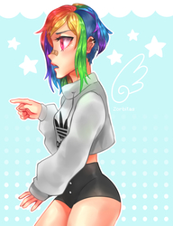 Size: 1000x1300 | Tagged: safe, artist:zorbitas, rainbow dash, human, g4, bandaid, bandaid on nose, clothes, female, humanized, looking at something, midriff, open mouth, pointing, solo
