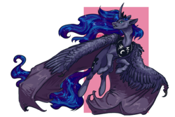 Size: 1280x853 | Tagged: safe, artist:gonedreamer, princess luna, alicorn, bat pony, bat pony alicorn, pony, g4, bat wings, curved horn, fangs, female, flying, horn, hybrid wings, large wings, looking at you, lunabat, open mouth, pink background, race swap, simple background, solo, talons, transparent background, wing claws, wings