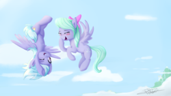 Size: 3840x2160 | Tagged: safe, artist:pucksterv, cloudchaser, flitter, pony, g4, canterlot, cute, flying, giggling, high res, patreon reward, signature, upside down
