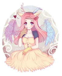 Size: 2018x2477 | Tagged: safe, artist:trevica, fluttershy, human, g4, blushing, clothes, dress, ear fluff, eared humanization, female, gloves, hairband, heart, heart eyes, high res, humanized, implied discoshy, implied shipping, implied straight, looking at you, smiling, solo, wingding eyes, winged humanization, wings