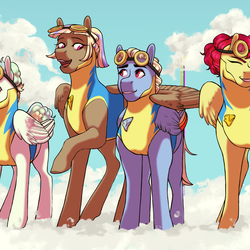 Size: 1500x1500 | Tagged: dead source, safe, artist:celeriven, oc, oc only, pegasus, pony, clothes, cloud, eyes closed, female, goggles, group, male, mare, next generation, open mouth, rainbow, raised hoof, sky, smiling, stallion, uniform, wonderbolts uniform