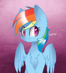Size: 459x512 | Tagged: safe, artist:kilka-chan-yana, rainbow dash, pegasus, pony, g4, bust, chest fluff, female, mare, russian, smiling, solo, translated in the comments