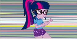Size: 1286x661 | Tagged: safe, artist:conikiblasu-fan, sci-twi, twilight sparkle, equestria girls, g4, animated at source, camp everfree outfits, carla castañeda, catfight, clothes, fight, glasses, shorts, stance, voice actor joke