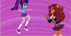 Size: 1285x653 | Tagged: safe, artist:conikiblasu-fan, sci-twi, twilight sparkle, werewolf, equestria girls, g4, my little pony equestria girls: legend of everfree, animated at source, camp everfree outfits, carla castañeda, catfight, clawdeen wolf, clothes, converse, crossover, fangs, fight, glasses, midriff, monster high, raised leg, shoes, shorts, skirt, sneakers, socks, thigh highs, thighs, voice actor joke