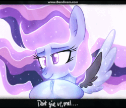 Size: 560x478 | Tagged: safe, artist:starchasesketches, oc, oc only, oc:starchase, animated, caption, flowing mane, gif, glowing eyes, glowing mane, inspiration, shiny, simple background, solo, white background