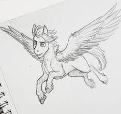 Size: 1456x1373 | Tagged: safe, artist:askbubblelee, oc, oc only, oc:singe, pegasus, pony, facial hair, flying, goatee, male, monochrome, sketch, smiling, solo, stallion, traditional art
