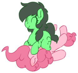 Size: 629x588 | Tagged: safe, artist:lockhe4rt, pinkie pie, oc, oc:filly anon, earth pony, pony, g4, chest fluff, eyes closed, female, filly, lying down, mare, on back, simple background, smiling, transparent background