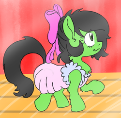 Size: 1059x1029 | Tagged: safe, artist:anonymous, artist:lockhe4rt, oc, oc only, oc:filly anon, awkward, bow, clothes, cute, dress, female, filly, solo, tomboy taming