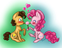 Size: 1024x792 | Tagged: safe, artist:mlpbluesketch, cheese sandwich, pinkie pie, earth pony, pony, g4, candy, duo, female, food, heart, licking, lollipop, male, mare, ship:cheesepie, shipping, stallion, straight, tongue out