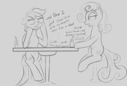 Size: 1024x698 | Tagged: safe, artist:cosmonaut, scootaloo, sweetie belle, pegasus, pony, unicorn, g4, dialogue, duo, floppy ears, lidded eyes, monochrome, older, open mouth, sitting, stool, table, teenager