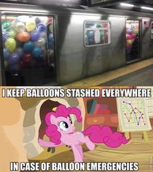 Size: 500x560 | Tagged: safe, edit, edited screencap, screencap, pinkie pie, g4, it's about time, ball emergency, balloon, fireplace, golden oaks library, image macro, irl, meme, metro, photo, roflbot, solo, subway, that pony sure does love balloons