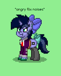 Size: 622x768 | Tagged: dead source, safe, artist:php142, oc, oc only, oc:purple flix, pony, unicorn, pony town, angry, animated, bow, clothes, eye twitch, gif, male, solo, twitch