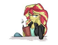 Size: 1280x989 | Tagged: safe, artist:lyx-d, sunset shimmer, equestria girls, g4, book, clothes, female, looking at you, simple background, solo, white background
