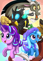 Size: 955x1351 | Tagged: safe, artist:mysticalpha, discord, starlight glimmer, thorax, trixie, changeling, draconequus, pony, unicorn, g4, season 6, to where and back again, cape, clothes, female, hat, mare, reformed four, smiling, trixie's cape, trixie's hat