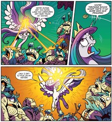 Size: 1301x1412 | Tagged: safe, artist:brenda hickey, idw, princess celestia, alicorn, golem, pony, g4, legends of magic #1, my little pony: legends of magic, spoiler:comic, angry, blast, fight, hypocritical heartwarming, magic, magic beam, magic blast, rage, ragelestia