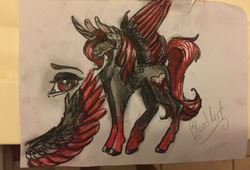 Size: 3264x2216 | Tagged: safe, artist:derpyluna112, oc, oc only, oc:bloodlust, oc:camoflage cat, alicorn, pony, high res, red and black oc, traditional art