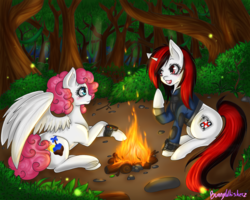 Size: 1500x1200 | Tagged: safe, artist:bunnywhiskerz, oc, oc only, oc:blackjack, oc:dandy candy, pegasus, pony, unicorn, fallout equestria, fallout equestria: project horizons, campfire, camping, commission, female, forest, mare