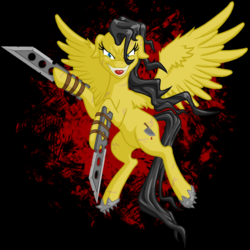 Size: 848x849 | Tagged: safe, artist:kalemon, oc, oc only, pegasus, pony, fallout equestria, blades, female, looking at you, mare, raider, solo, spikes, tongue out, weapon