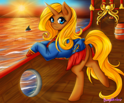 Size: 1200x1000 | Tagged: safe, artist:bunnywhiskerz, oc, oc only, oc:belle de mer, pony, shark, unicorn, barrel, blue eyes, clothes, commission, female, looking at you, mare, ocean, pirate, ship, smiling, solo, sunlight, sunset, water