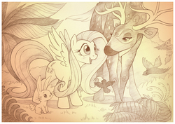 Size: 1920x1358 | Tagged: safe, artist:sherwoodwhisper, angel bunny, fluttershy, bird, deer, pegasus, pony, g4, cute, excited, monochrome, shyabetes, spread wings, traditional art, wings