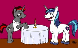 Size: 1150x707 | Tagged: safe, shining armor, oc, oc:keynote, pony, unicorn, g4, date, gay, lidded eyes, male, stallion