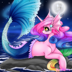 Size: 1200x1200 | Tagged: safe, artist:bunnywhiskerz, oc, oc only, oc:nina, merpony, pony, ear piercing, earring, female, jewelry, mare, multicolored hair, piercing, rock, smiling, solo, water