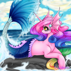 Size: 1200x1200 | Tagged: safe, artist:bunnywhiskerz, oc, oc only, oc:nina, merpony, pony, unicorn, beach, beautiful, ear piercing, earring, female, jewelry, mare, multicolored hair, piercing, prone, rock, signature, smiling, solo, water