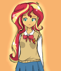 Size: 837x974 | Tagged: safe, artist:lilimani8, sunset shimmer, equestria girls, g4, clothes, female, orange background, school uniform, simple background, solo